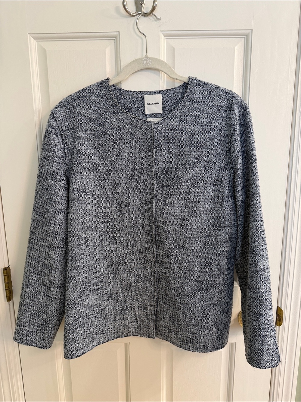St. John Blue Tweed Collarless Blazer Jacket